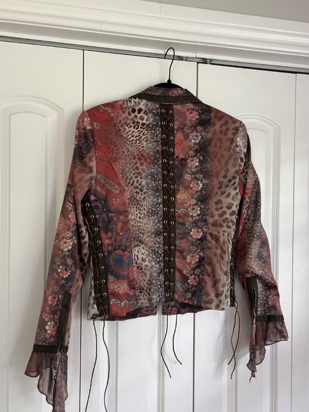 Vintage Y2K Patchwork Lace-Up Blazer Jacket – Mixed Print, Sheer Ruffle Cuffs